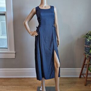 Vintage 90s Benson and Smith Blue Polka Dot Midi Dress Corset Lacing Size 9
